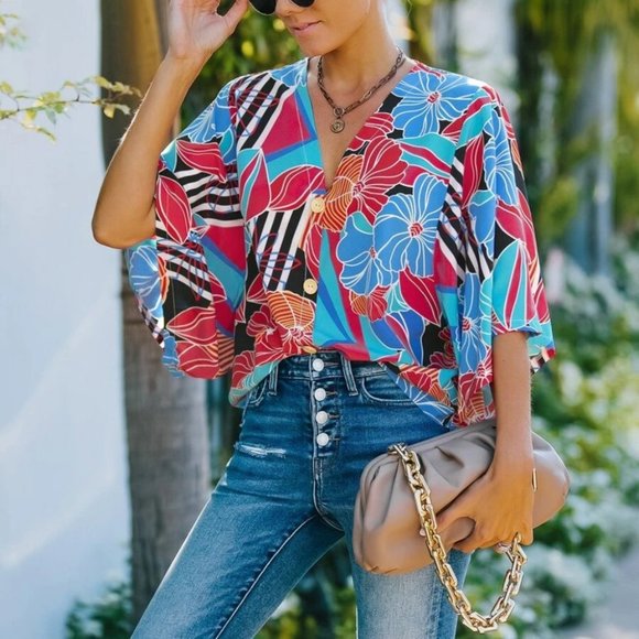 Boho Floral Print Blouse BLUE - Picture 7 of 7